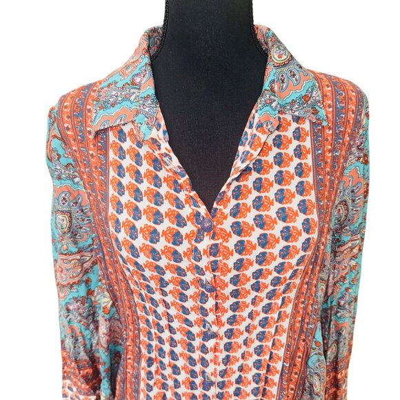 Anthropologie CYRENA Mixed Print Boho Button Front High Low LS Tunic Top L Artsy - Picture 3 of 9